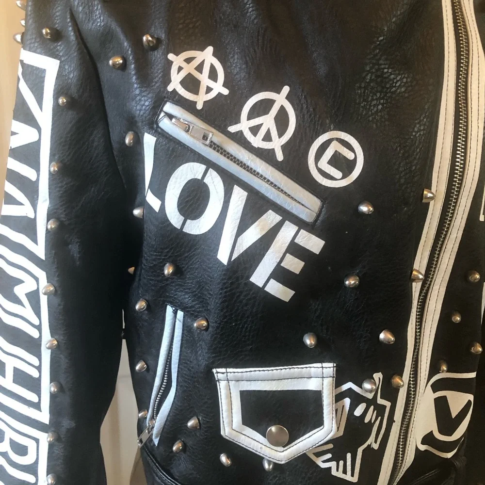 Studded Black Vegan Leather Jacket with White Graphic Patches